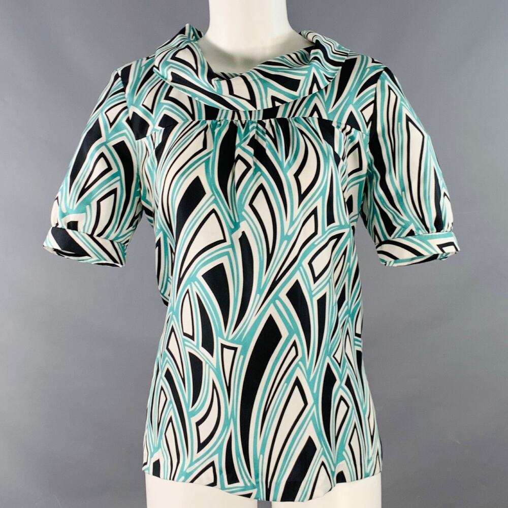TIBI Size 6 Green Black White Silk Abstract Cowl Neck Dress Top